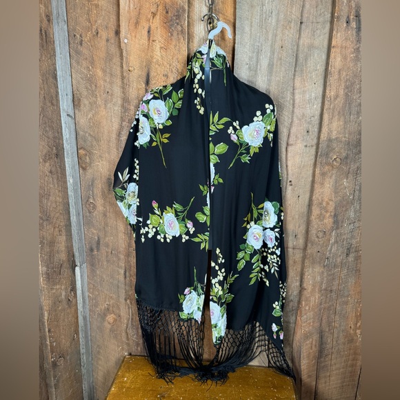 Floral Blac Wrap with Fringe - Picture 2 of 11